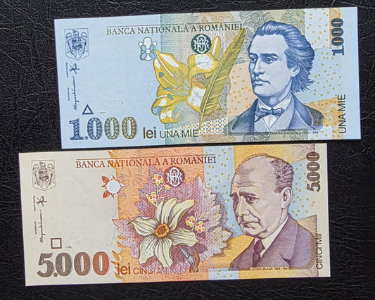 Set of 1000 and 5000 Lei Romania 1998 notes Gem Uncirculated UNC (2 banknotes)
