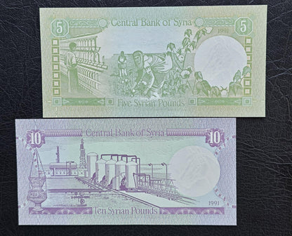 Set of 5 and 10 Lira Syria 1990s Syrian Pounds Gem Uncirculated UNC (2 banknotes)