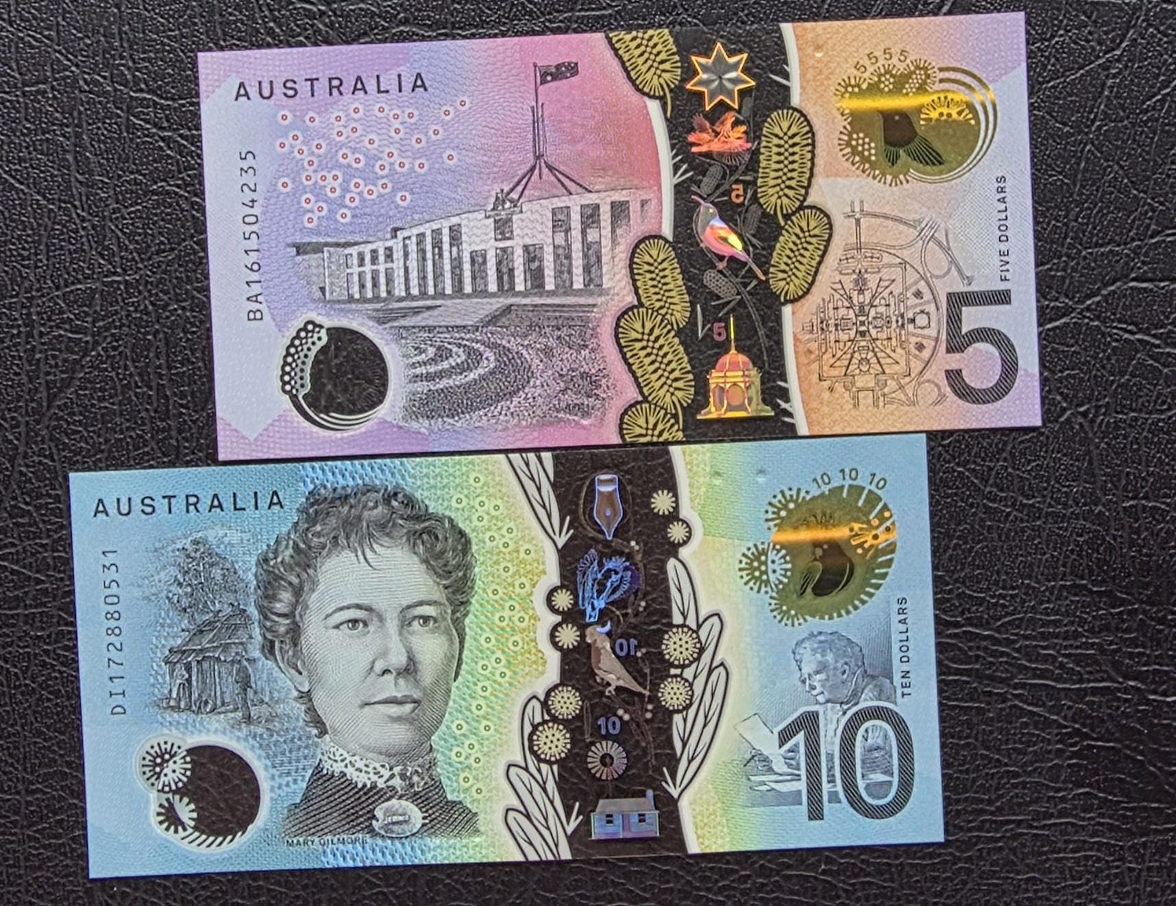 Set of 5 and 10 Dollars 2016- 2017 Australia Polymer notes Gem Uncirculated UNC (2 banknotes)