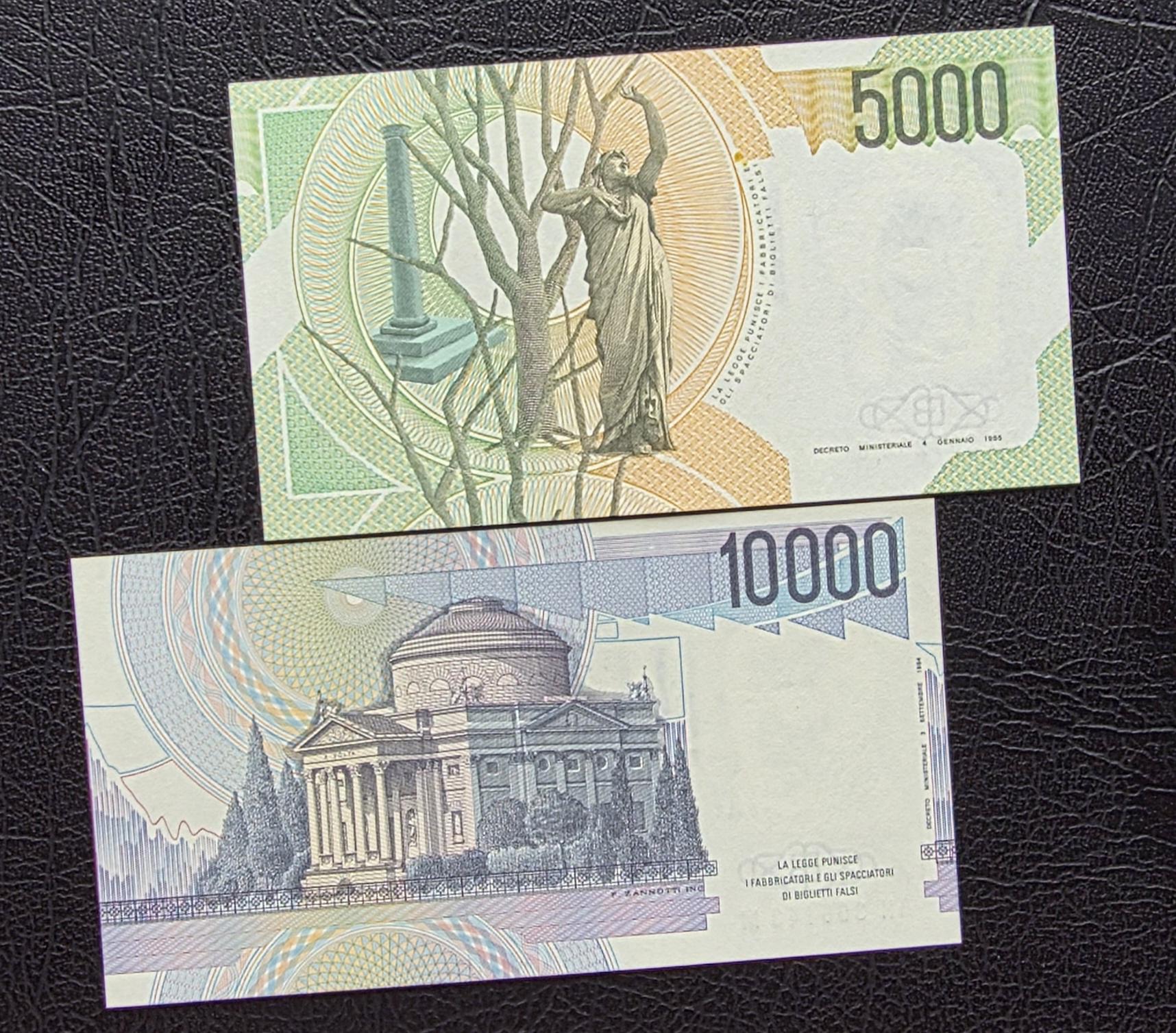 Set of 500, 1000 (×2), 2000, 5000 and 10000 1970s- 1990s Lire Italy Italia Gem Uncirculated UNC ( 6 notes)
