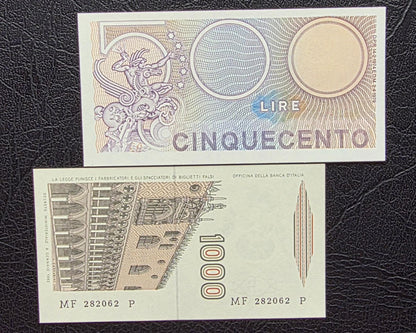 Set of 500, 1000 (×2), 2000, 5000 and 10000 1970s- 1990s Lire Italy Italia Gem Uncirculated UNC ( 6 notes)
