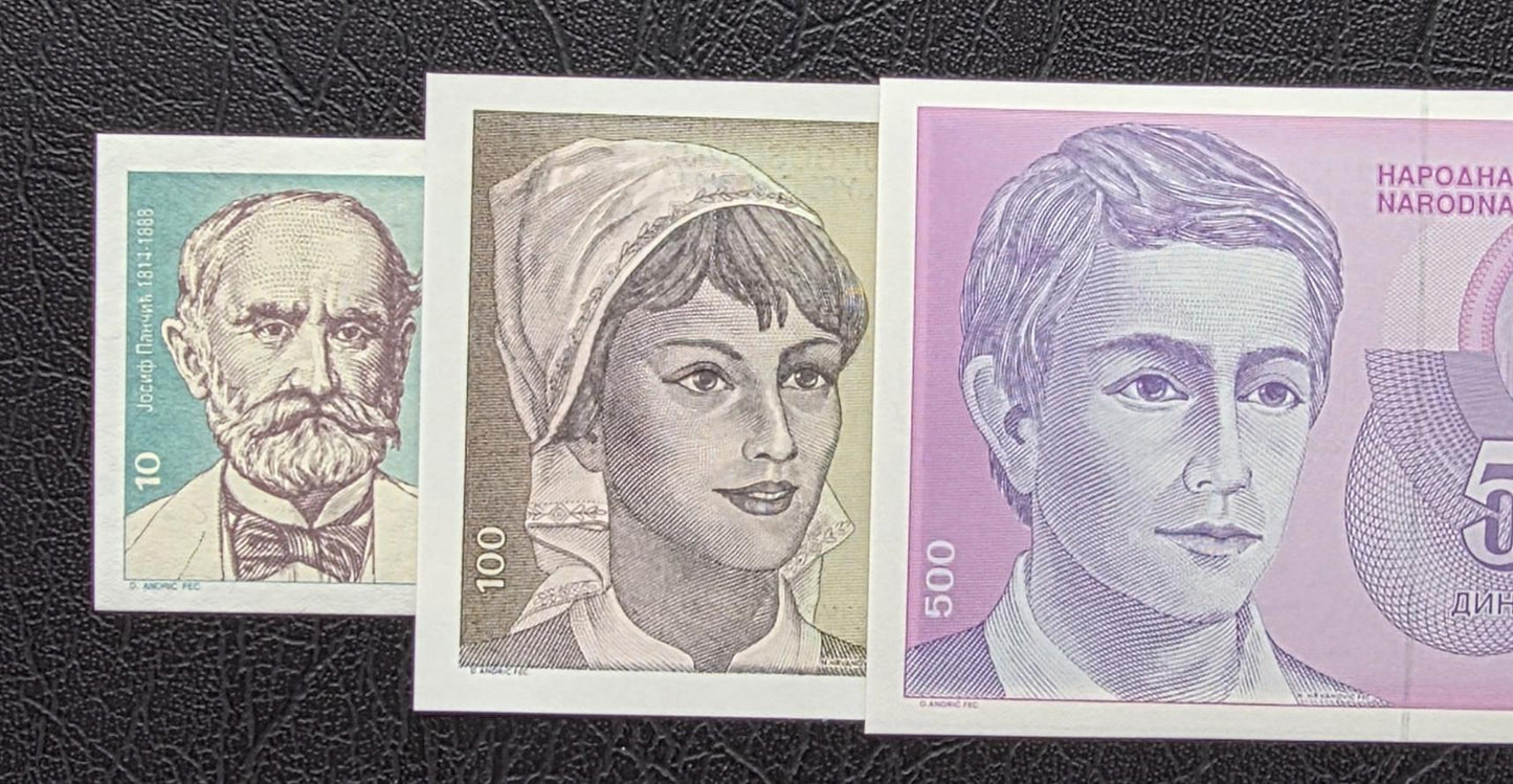 Set of 10, 100 and 500 Dinara 1991- 1994 Yugoslavia Hyper-inflation notes Gem Uncirculated UNC (3 banknotes)