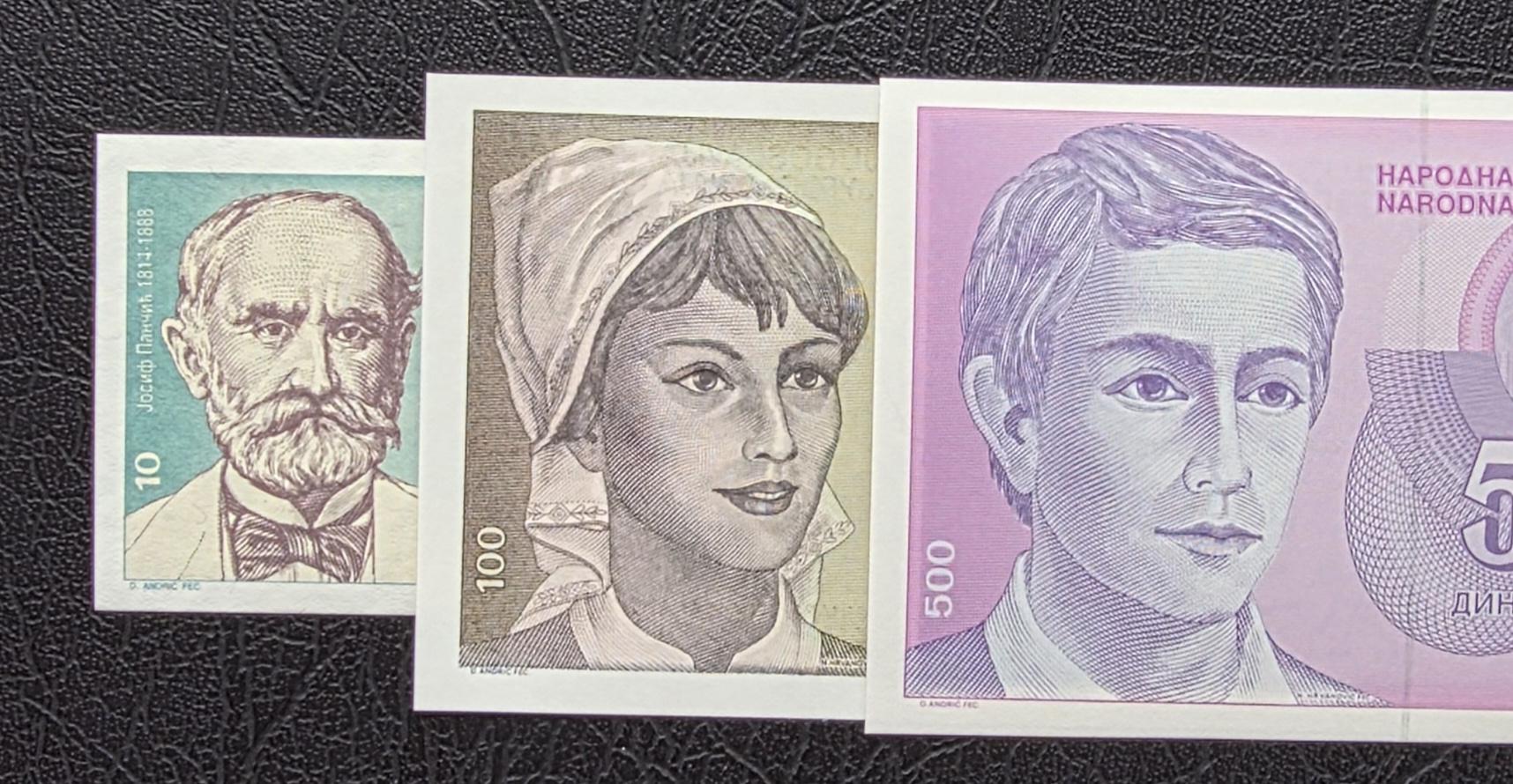 Set of 10, 100 and 500 Dinara 1991- 1994 Yugoslavia Hyper-inflation notes Gem Uncirculated UNC (3 banknotes)
