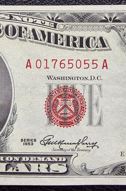 Five 5 Dollars 1953 Red Seal A Block United States USA GEM Uncirculated UNC