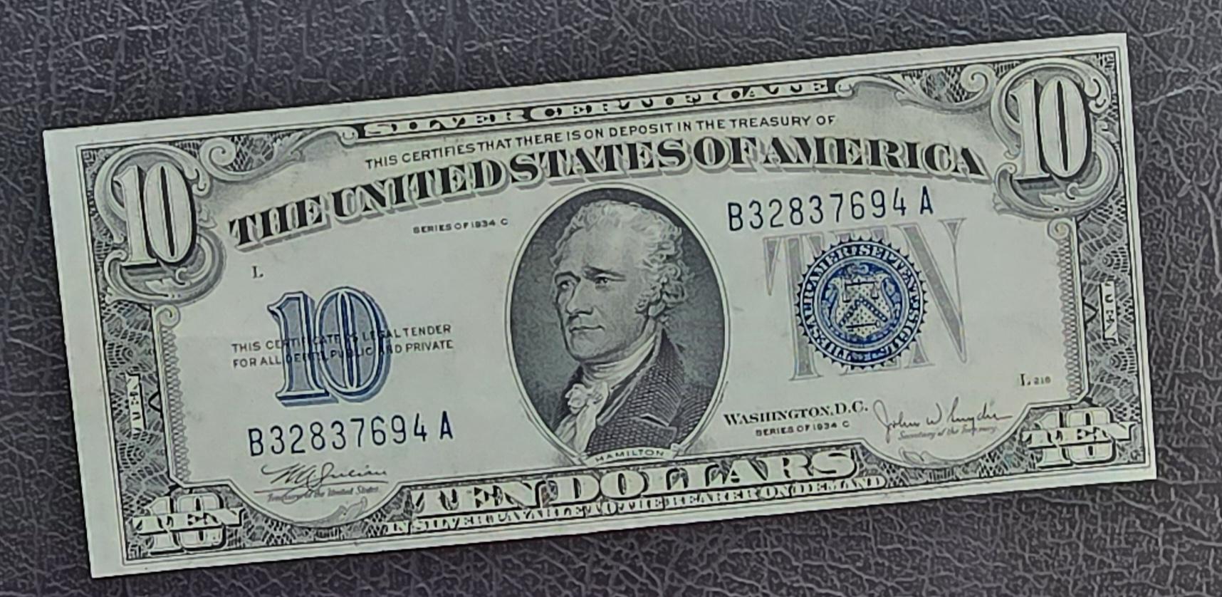 Ten 10 Dollars 1934 Silver certificate United States USA GEM Uncirculated UNC