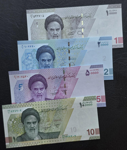 Set of 10000, 20000, 50000 and 100000 Rials 2023- 2025 New Version Gem Uncirculated UNC (four notes)