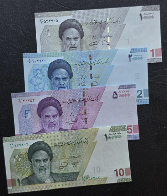 Set of 10000, 20000, 50000 and 100000 Rials 2023- 2025 New Version Gem Uncirculated UNC (four notes)