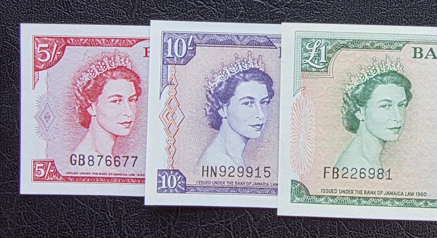 Set of 5, 10 and One (Shillings/ Pound) 1960s Pineapple Jamaica About Uncirculated AUNC Rare (Three notes)
