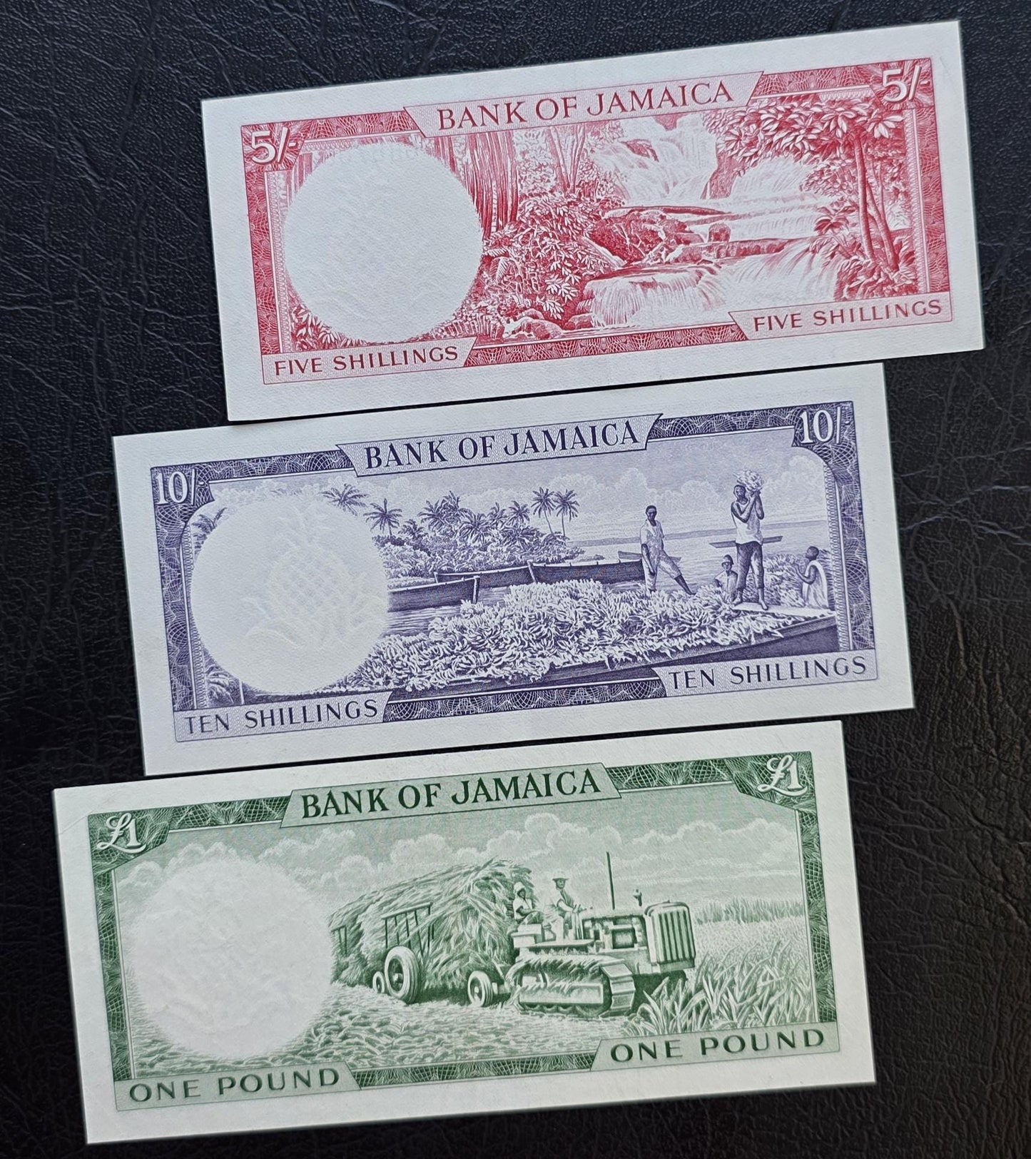 Set of 5, 10 and One (Shillings/ Pound) 1960s Pineapple Jamaica About Uncirculated AUNC Rare (Three notes)