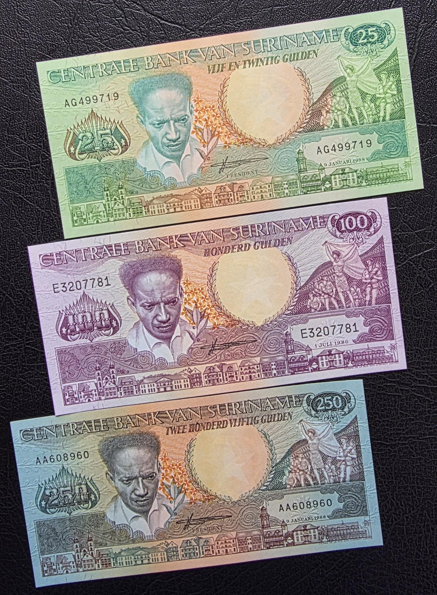 Set of 25, 100 and 250 Gulden 1980s Suriname Gem Uncirculated UNC (3 banknotes)