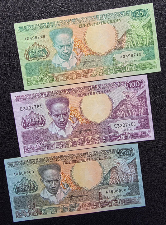 Set of 25, 100 and 250 Gulden 1980s Suriname Gem Uncirculated UNC (3 banknotes)