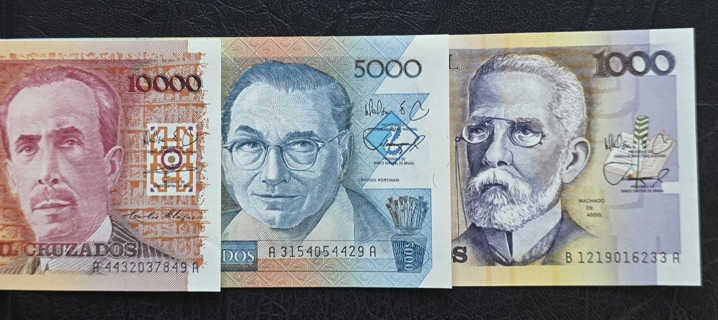Set of 1000, 5000 and 10000 Cruzados 1989 Brazil Gem Uncirculated UNC (3 banknotes)