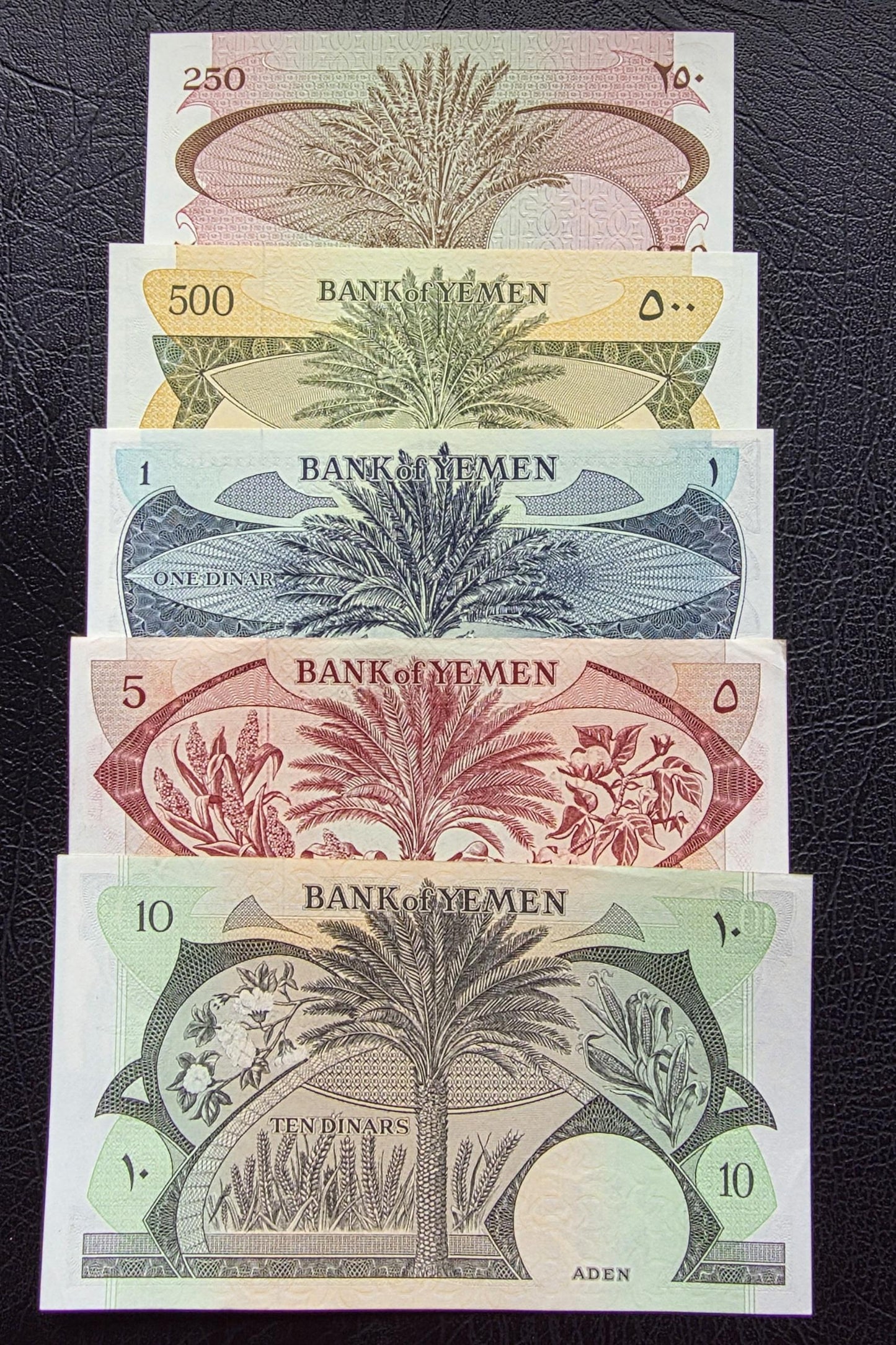 Set of 250, 500, 1, 5, and 10 Fils Dinars 1965-84 Yemen Democratic Republic UNC (5 banknotes)