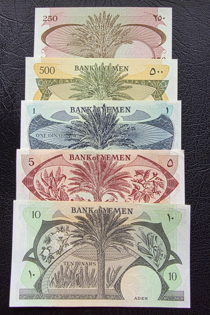 Set of 250, 500, 1, 5, and 10 Fils Dinars 1965-84 Yemen Democratic Republic UNC (5 banknotes)