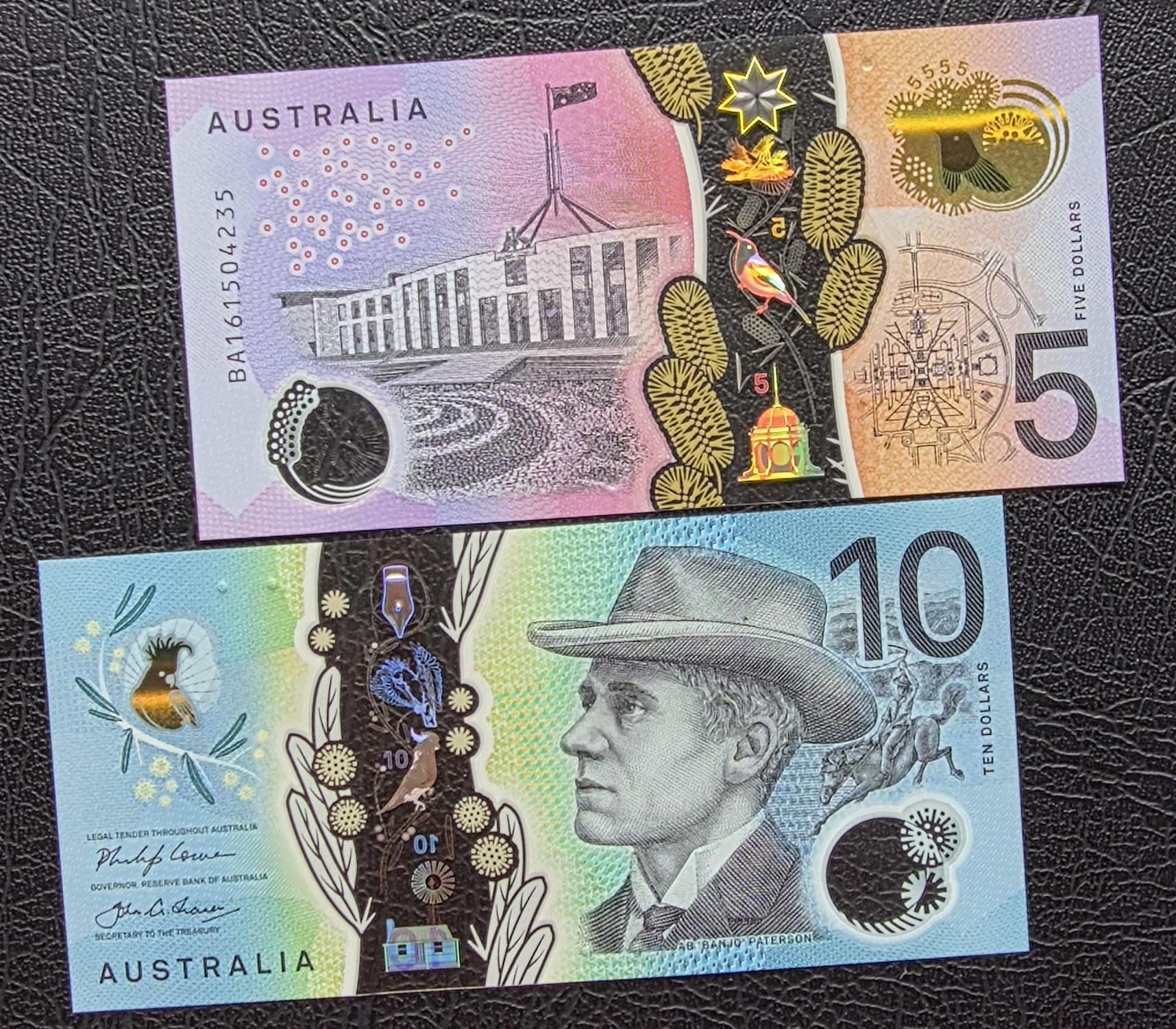 Set of 5 and 10 Dollars 2016- 2017 Australia Polymer notes Gem Uncirculated UNC (2 banknotes)