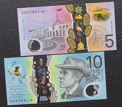 Set of 5 and 10 Dollars 2016- 2017 Australia Polymer notes Gem Uncirculated UNC (2 banknotes)