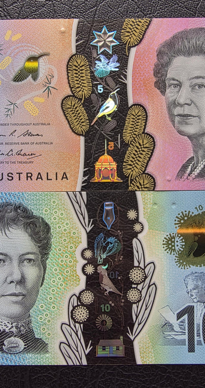 Set of 5 and 10 Dollars 2016- 2017 Australia Polymer notes Gem Uncirculated UNC (2 banknotes)