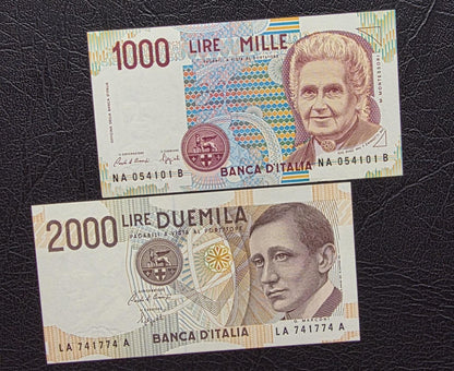 Set of 500, 1000 (×2), 2000, 5000 and 10000 1970s- 1990s Lire Italy Italia Gem Uncirculated UNC ( 6 notes)
