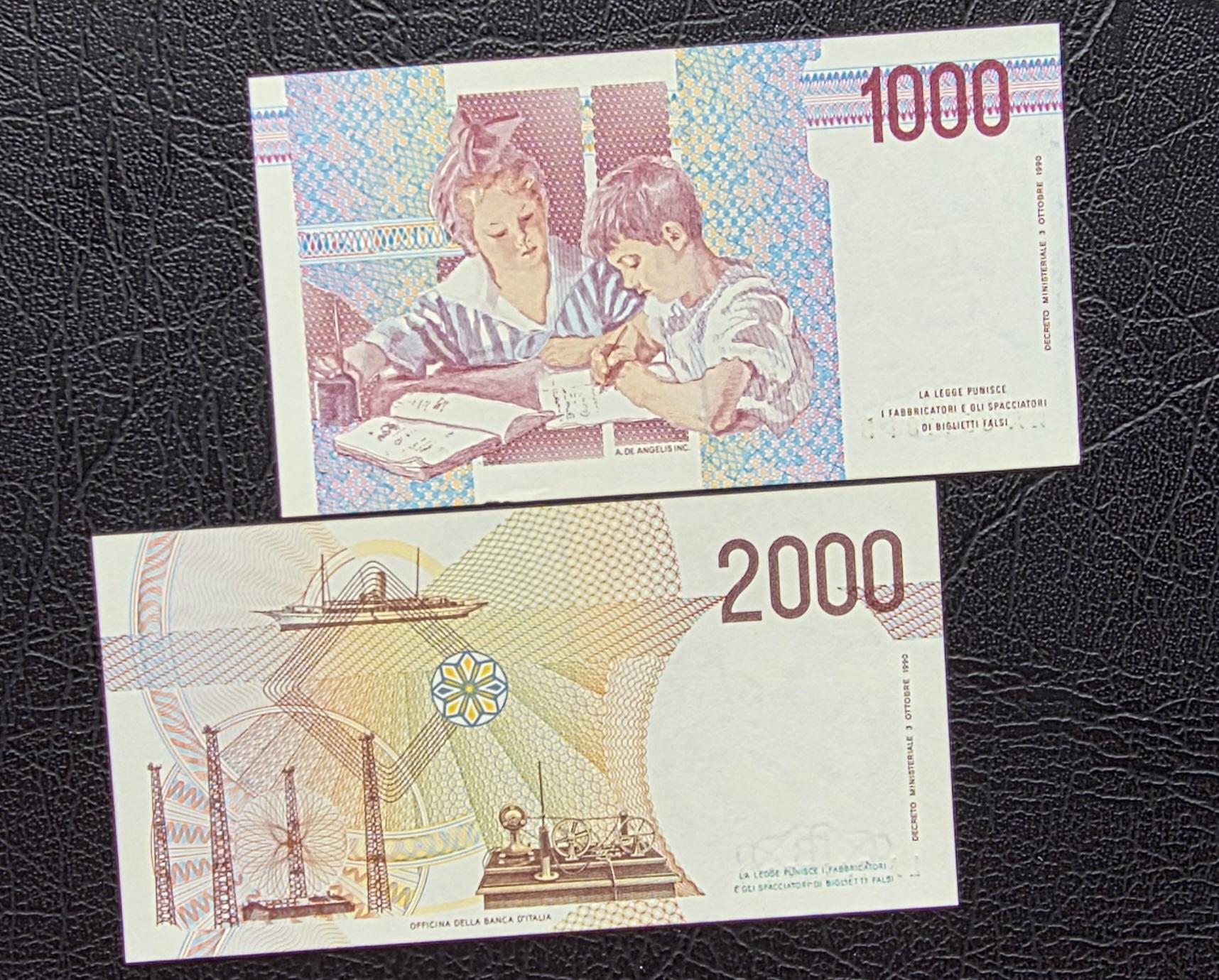 Set of 500, 1000 (×2), 2000, 5000 and 10000 1970s- 1990s Lire Italy Italia Gem Uncirculated UNC ( 6 notes)