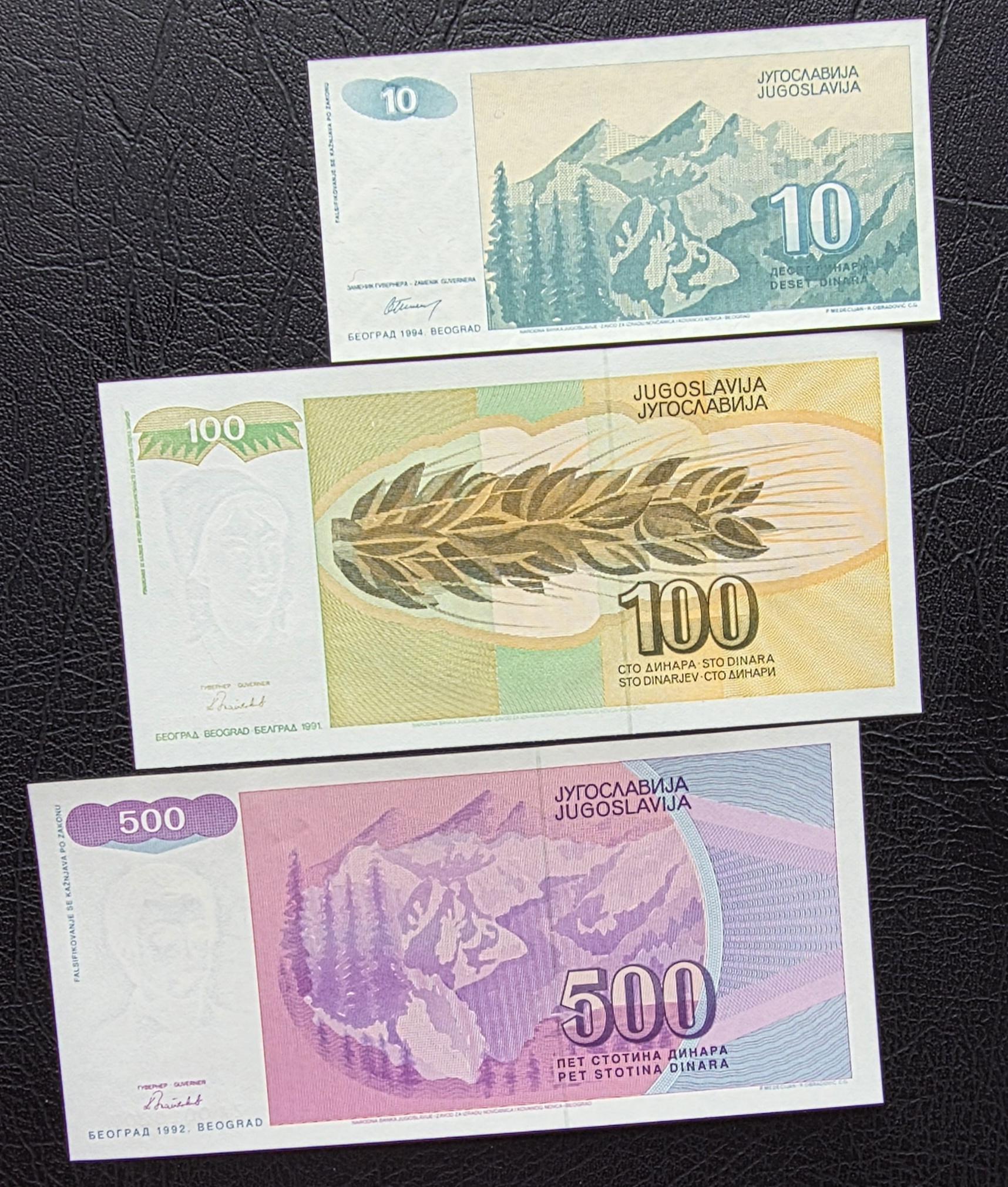 Set of 10, 100 and 500 Dinara 1991- 1994 Yugoslavia Hyper-inflation notes Gem Uncirculated UNC (3 banknotes)