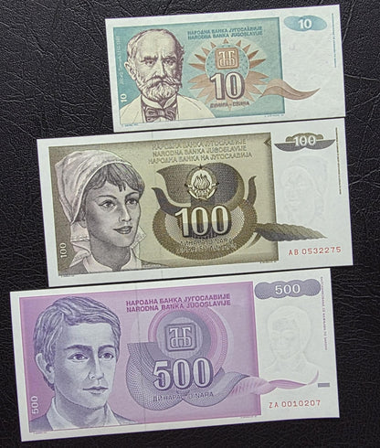 Set of 10, 100 and 500 Dinara 1991- 1994 Yugoslavia Hyper-inflation notes Gem Uncirculated UNC (3 banknotes)