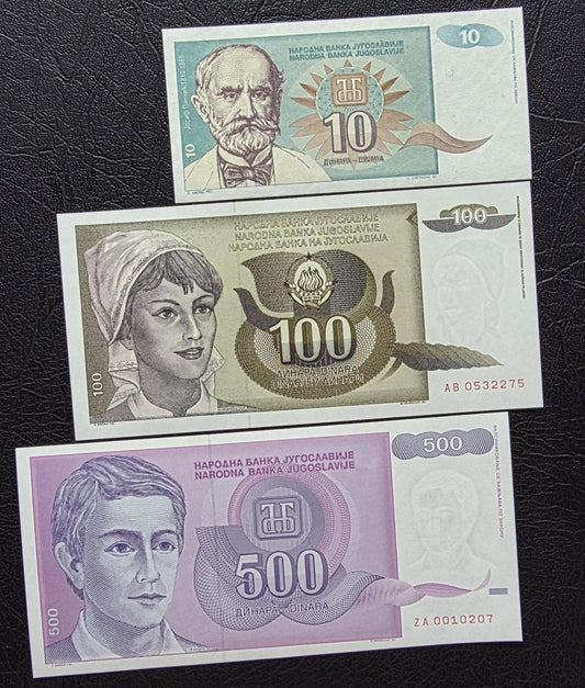 Set of 10, 100 and 500 Dinara 1991- 1994 Yugoslavia Hyper-inflation notes Gem Uncirculated UNC (3 banknotes)