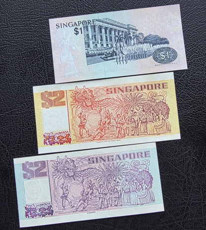 Set of 1 and 2 (x2) Dollars 1976- 1998 Singapore notes Gem Uncirculated UNC (3 banknotes)