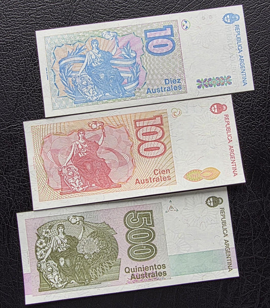 Set of 10, 100 and 500 Australes 1985- 1990 Argentina notes Gem Uncirculated UNC (3 banknotes)