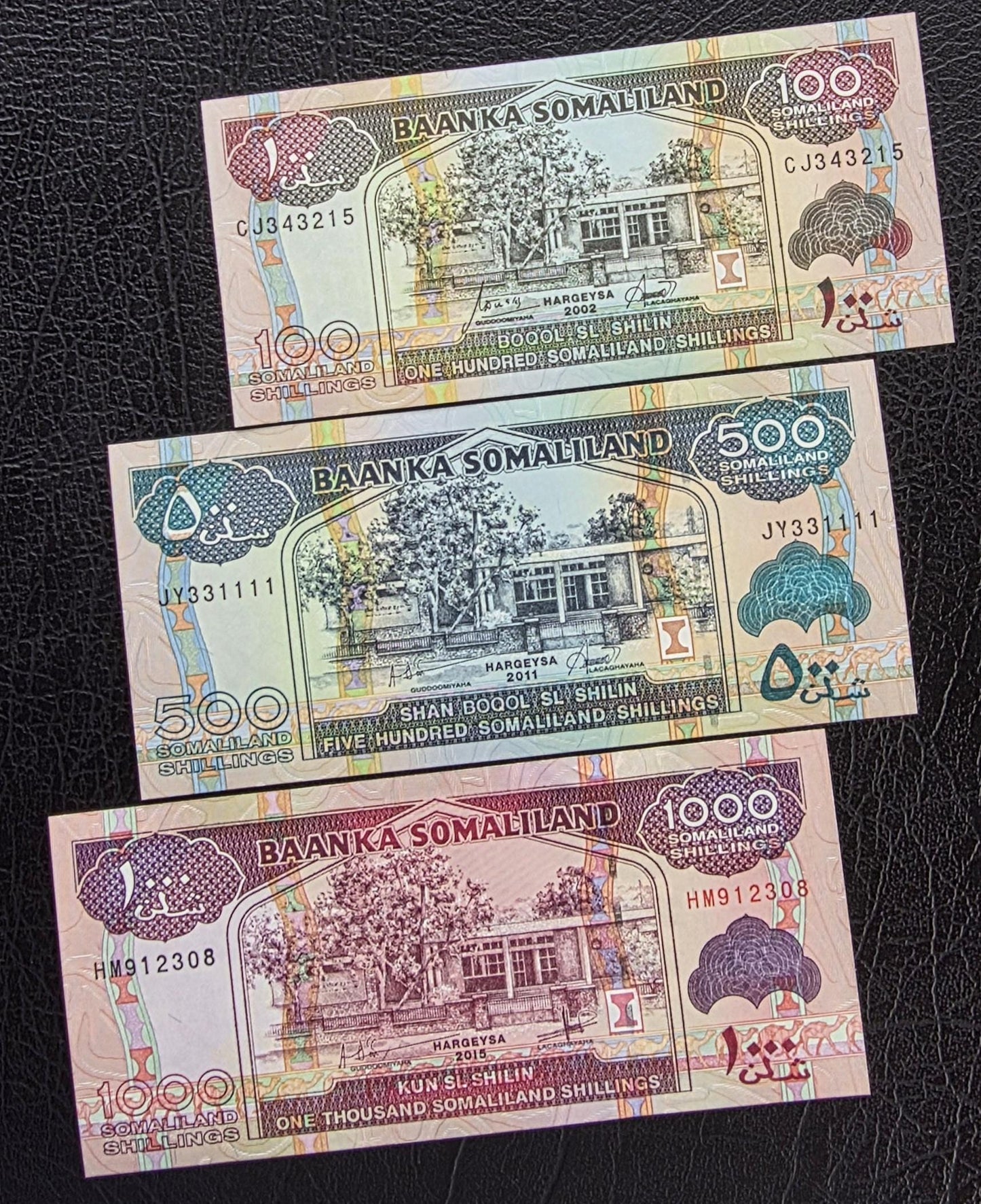 Set of 100, 500 and 1000 Shillings 2002- 2015 Somaliland notes Gem Uncirculated UNC (3 banknotes)