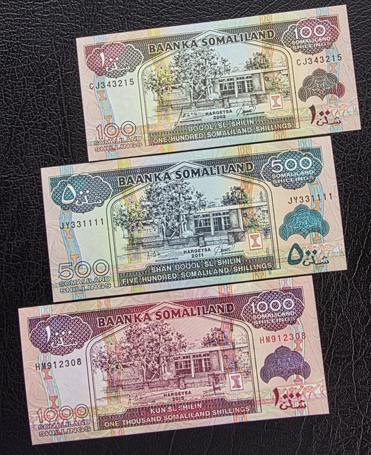 Set of 100, 500 and 1000 Shillings 2002- 2015 Somaliland notes Gem Uncirculated UNC (3 banknotes)