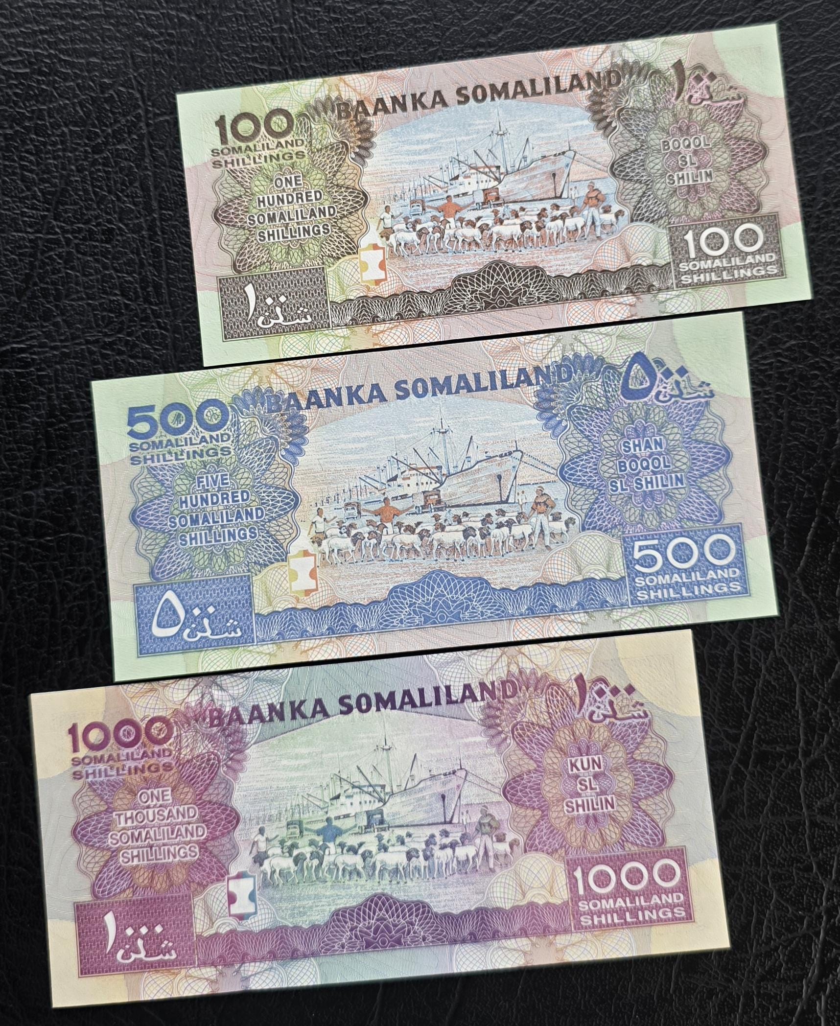 Set of 100, 500 and 1000 Shillings 2002- 2015 Somaliland notes Gem Uncirculated UNC (3 banknotes)