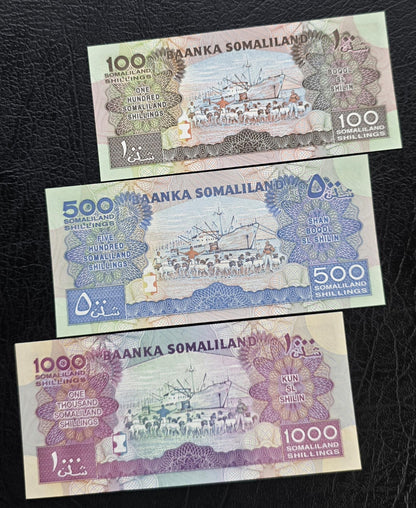 Set of 100, 500 and 1000 Shillings 2002- 2015 Somaliland notes Gem Uncirculated UNC (3 banknotes)