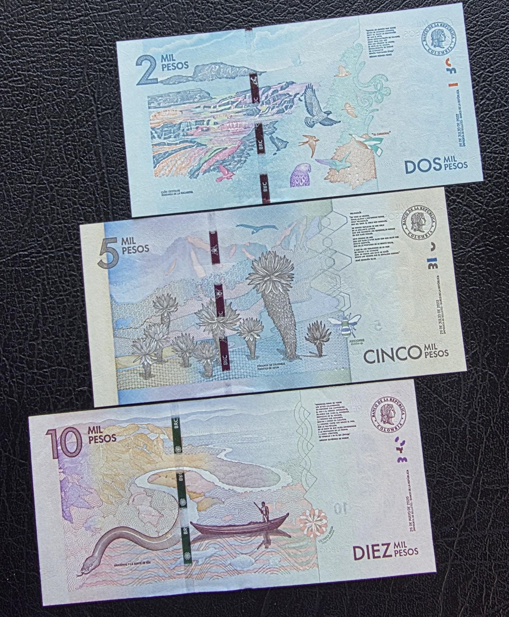 Set of 2, 5 and 10 Pesos 2020- 2022 Colombia notes Gem Uncirculated UNC (3 banknotes)
