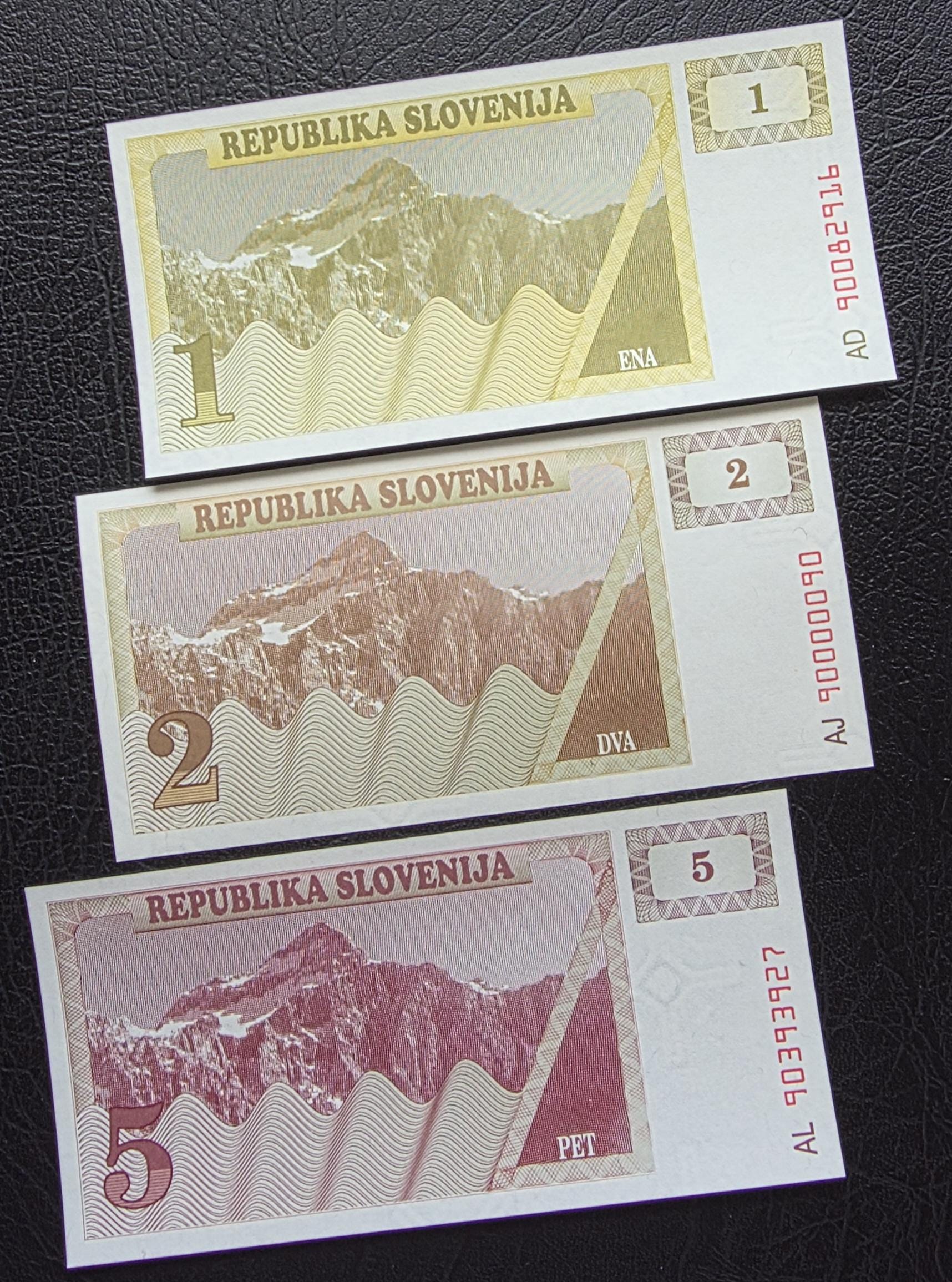 Set of 1, 2 and 5 Tolarjev 1990 Slovenia notes Uncirculated UNC (three notes)