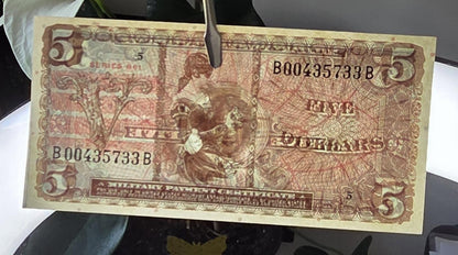 Set of 25 and 50 cents and 5 Dollars 1954- 1968 United States USA Military issue MPC Uncirculated UNC (three notes) Extremely rare
