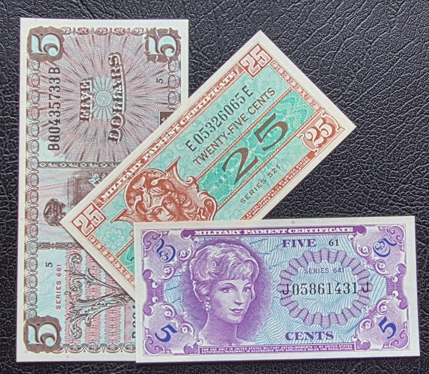 Set of 25 and 50 cents and 5 Dollars 1954- 1968 United States USA Military issue MPC Uncirculated UNC (three notes) Extremely rare