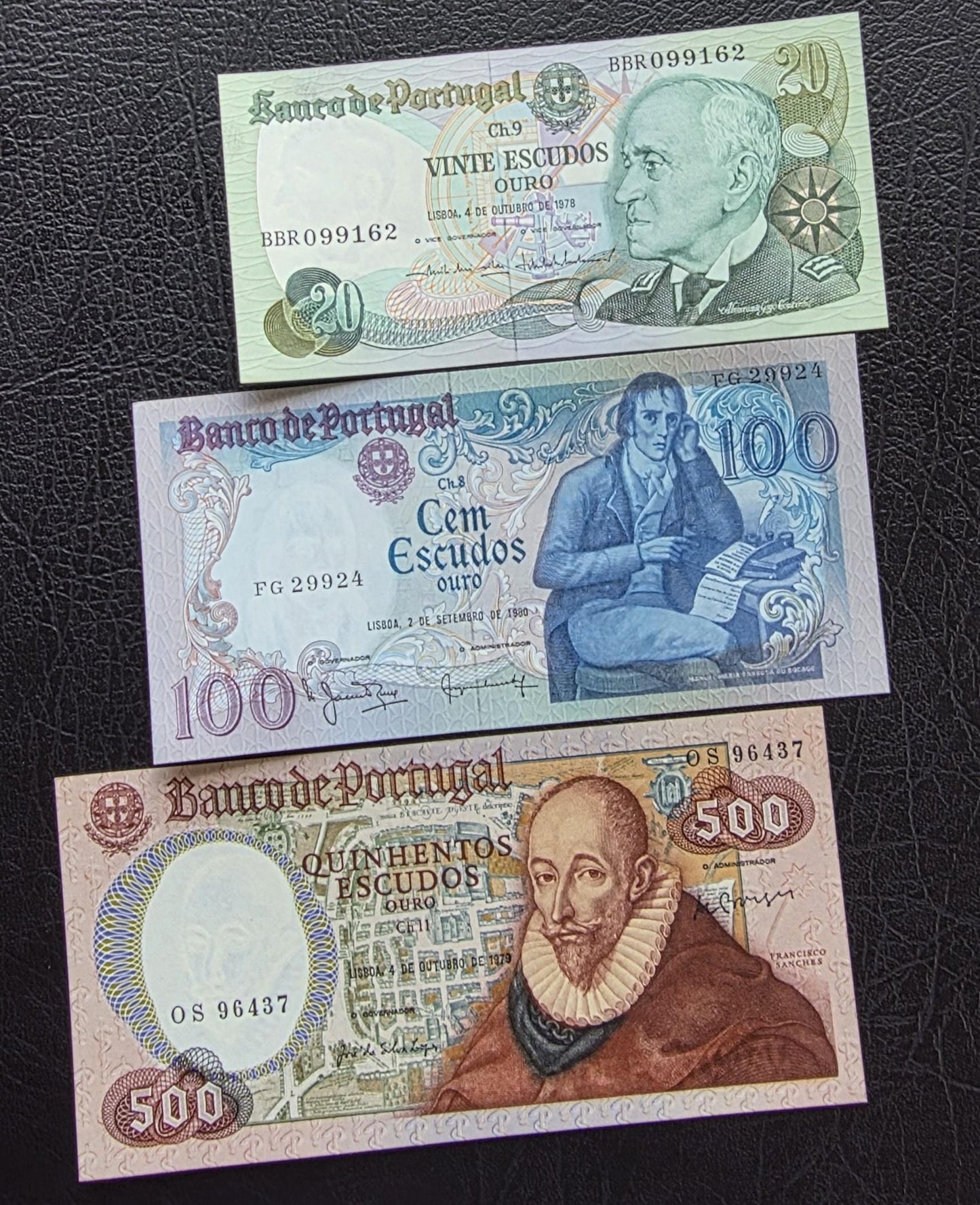 Set of 20, 100and 500 Escudos 1978- 1980 Portugal notes Gem Uncirculated UNC (three notes)