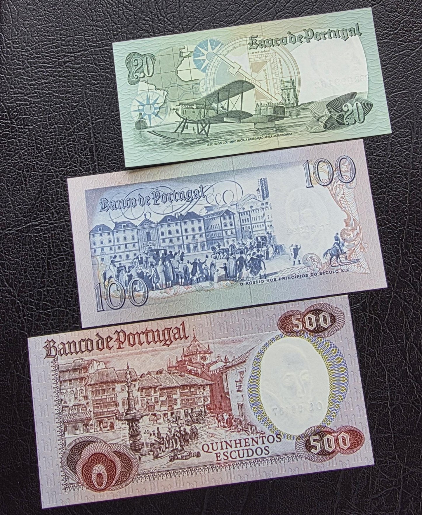 Set of 20, 100and 500 Escudos 1978- 1980 Portugal notes Gem Uncirculated UNC (three notes)