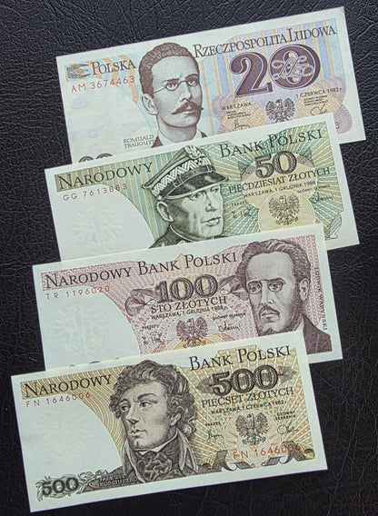 Set of 20, 50, 100 and 200 Zlotych 1982- 1988 Poland notes Gem Uncirculated UNC (four notes)