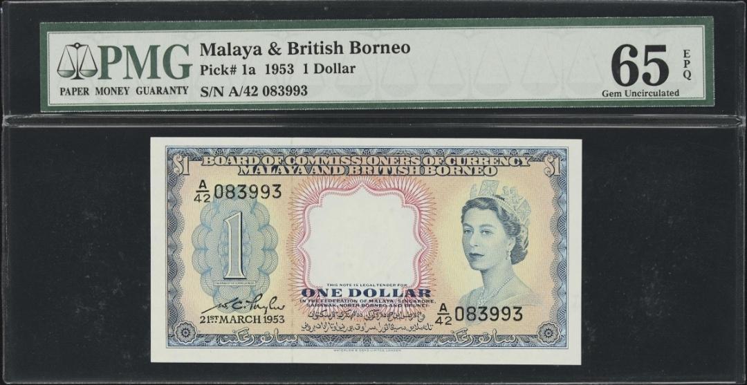 One 1 Dollar 1953 Malaya and British Borneo Malaysia 1a Gem Uncirculated UNC PMG 65 EPQ