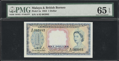 One 1 Dollar 1953 Malaya and British Borneo Malaysia 1a Gem Uncirculated UNC PMG 65 EPQ