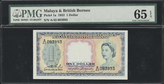One 1 Dollar 1953 Malaya and British Borneo Malaysia 1a Gem Uncirculated UNC PMG 65 EPQ