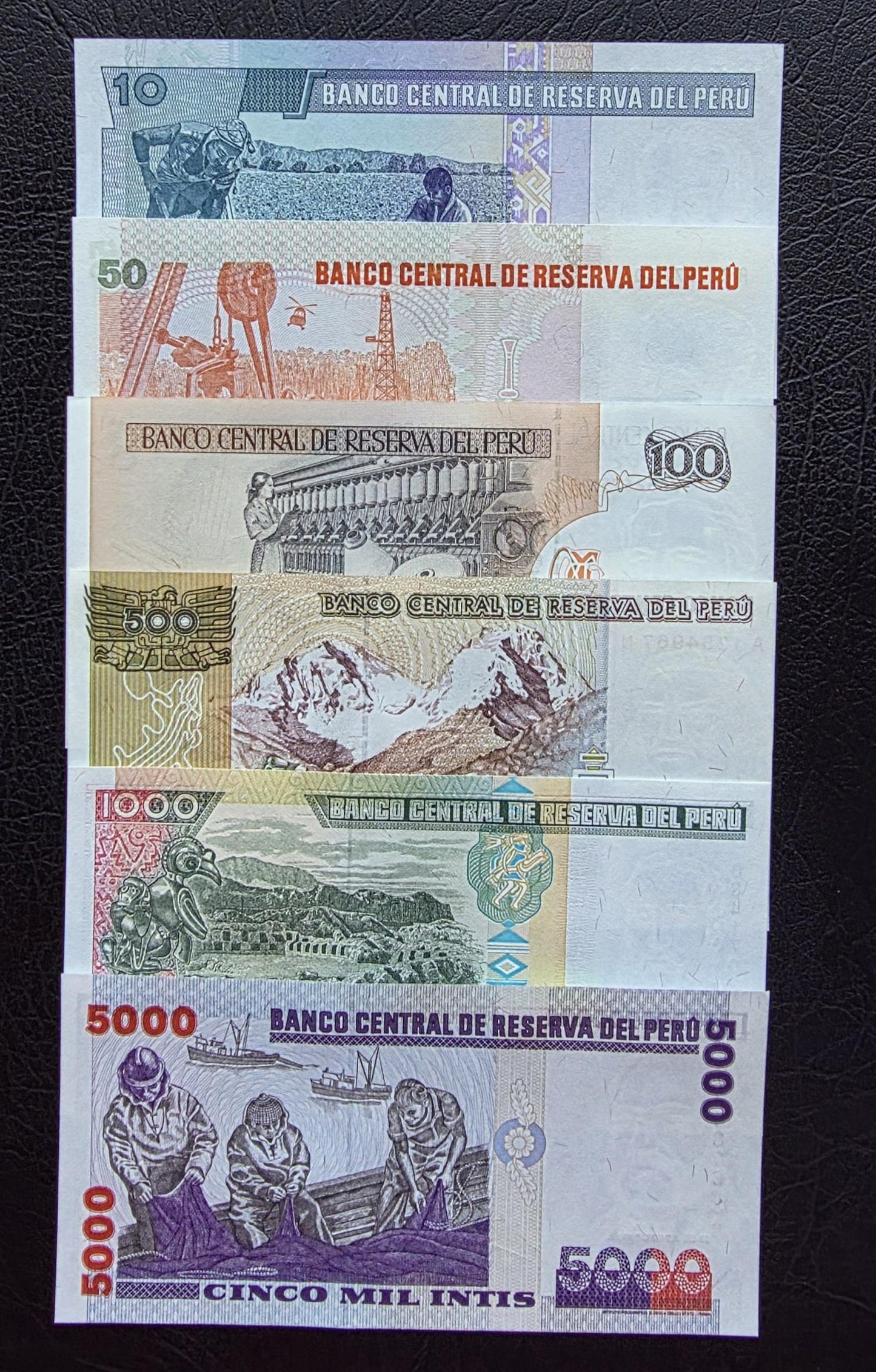 Set of 10, 50, 100, 500, 1000 and 5000 intis 1980s Peru Uncirculated UNC (six notes)