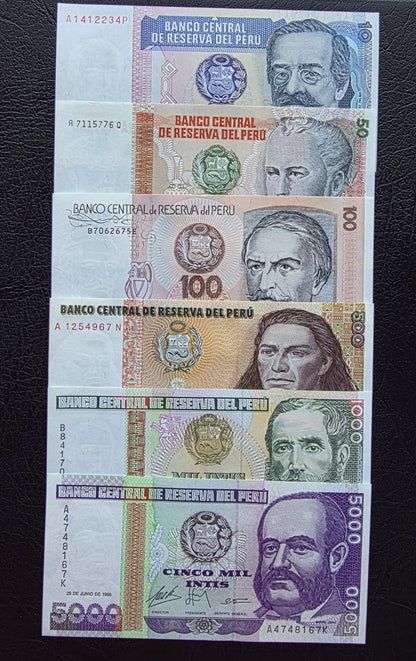 Set of 10, 50, 100, 500, 1000 and 5000 intis 1980s Peru Uncirculated UNC (six notes)
