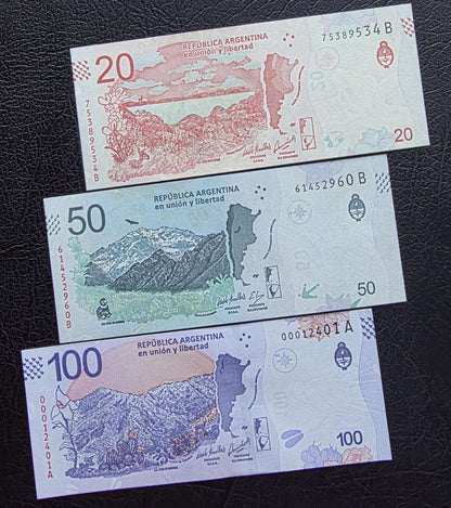 Set of 20, 50, and 100 Pesos 2017- 2019 Argentina Uncirculated UNC (three notes)