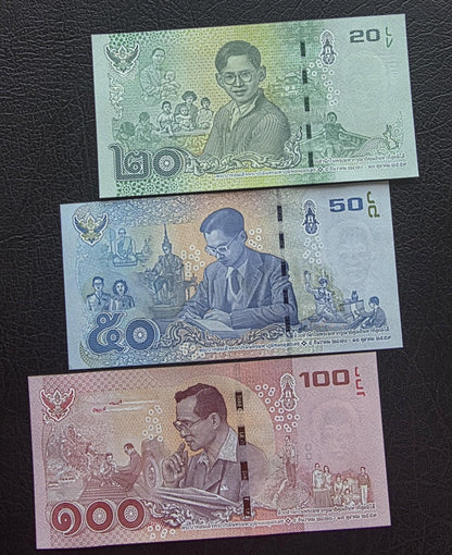 Set of 20, 50, and 100 Baht 2017 Commemorative Thailand Uncirculated UNC (three notes)