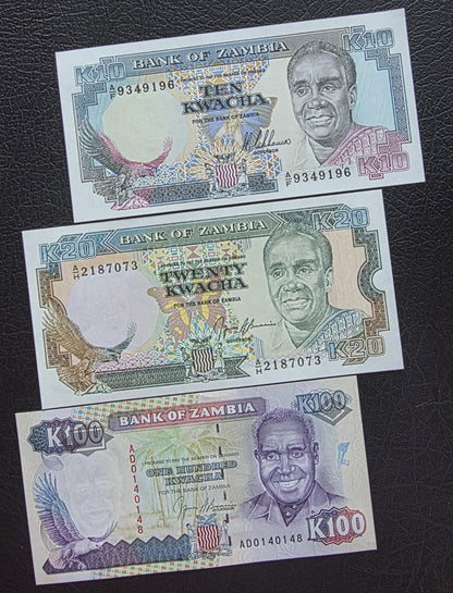 Set of 10, 20, and 100 Kwacha 1989 Zambia Uncirculated UNC (three notes)