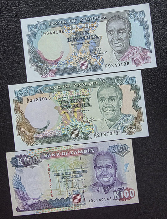 Set of 10, 20, and 100 Kwacha 1989 Zambia Uncirculated UNC (three notes)
