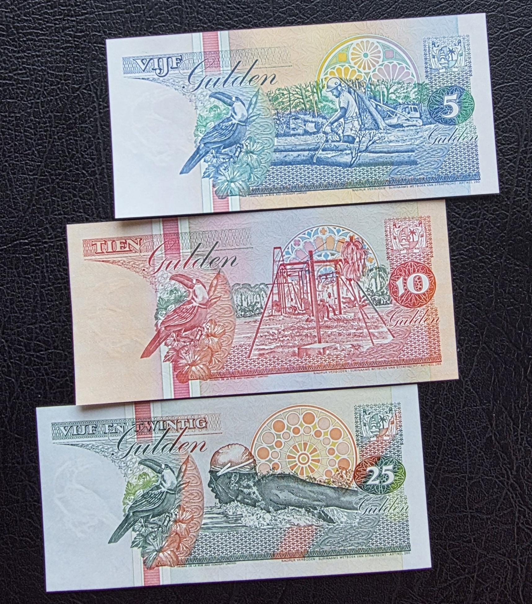 Set of 5, 10, and 25 Gulden 1989 Suriname Uncirculated UNC (three notes)