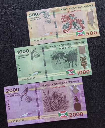 Set of 500, 1000, and 2000 Francs 2023 Burundi Uncirculated UNC (three notes)